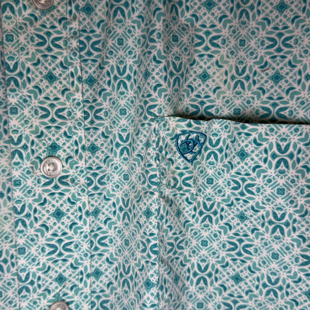 Ariat Mens XXL Turquoise White Geometric Medallion Cotton Short Sleeve Shirt - Picture 10 of 10